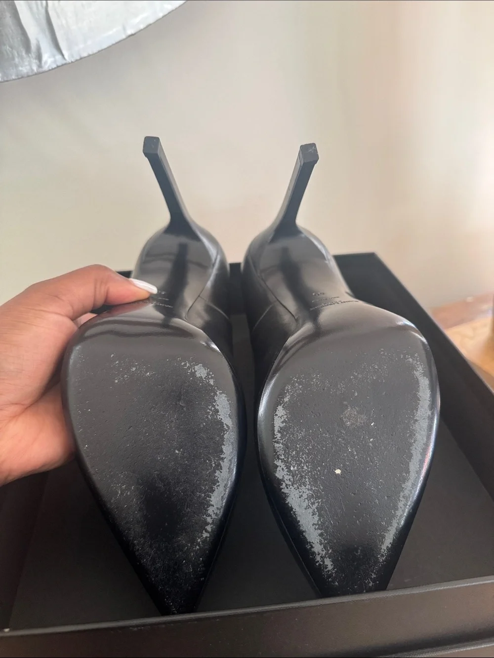 Saint Laurent Black Pointed Stiletto Heels with Textured Ankle Strap - Picture 5 of 10